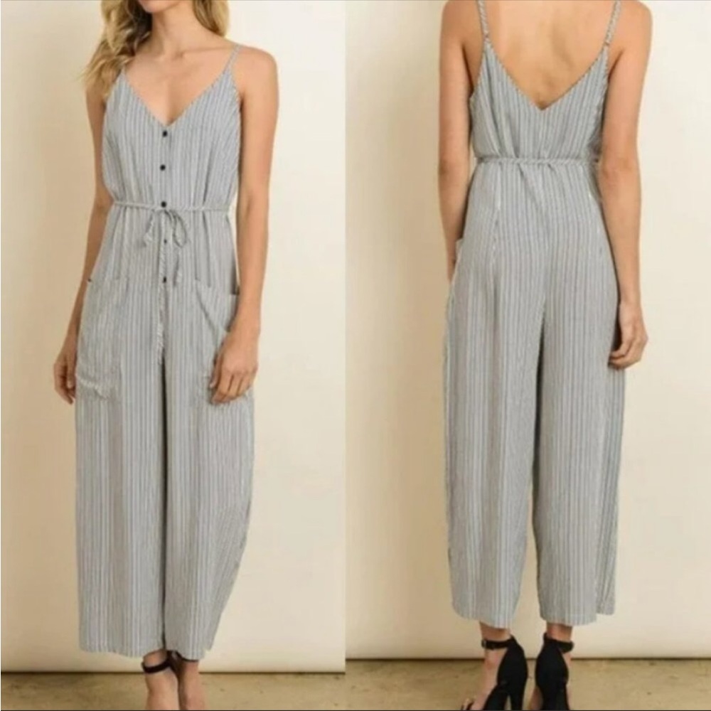 Dress Forum Striped White + Blue Jumpsuit Small
